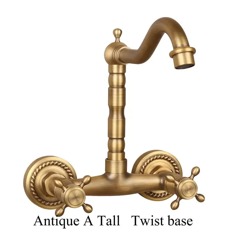 Antique brass dual handle kitchen faucet with hot water control porcelain plate and ornate twisted base wall mounted