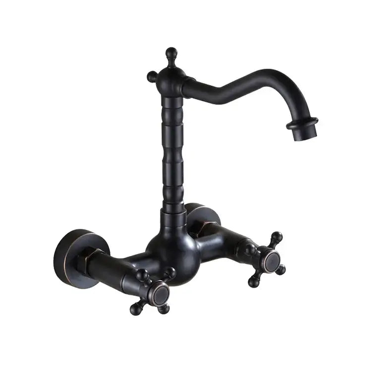 Black matte dual handle wall-mounted kitchen faucet with curved spout designed for hot water and antique brass finish