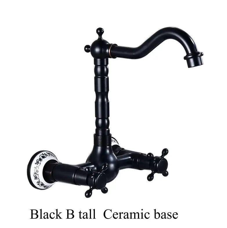 Antique brass dual handle kitchen faucet with matte black finish ceramic base and porcelain plate for hot water use