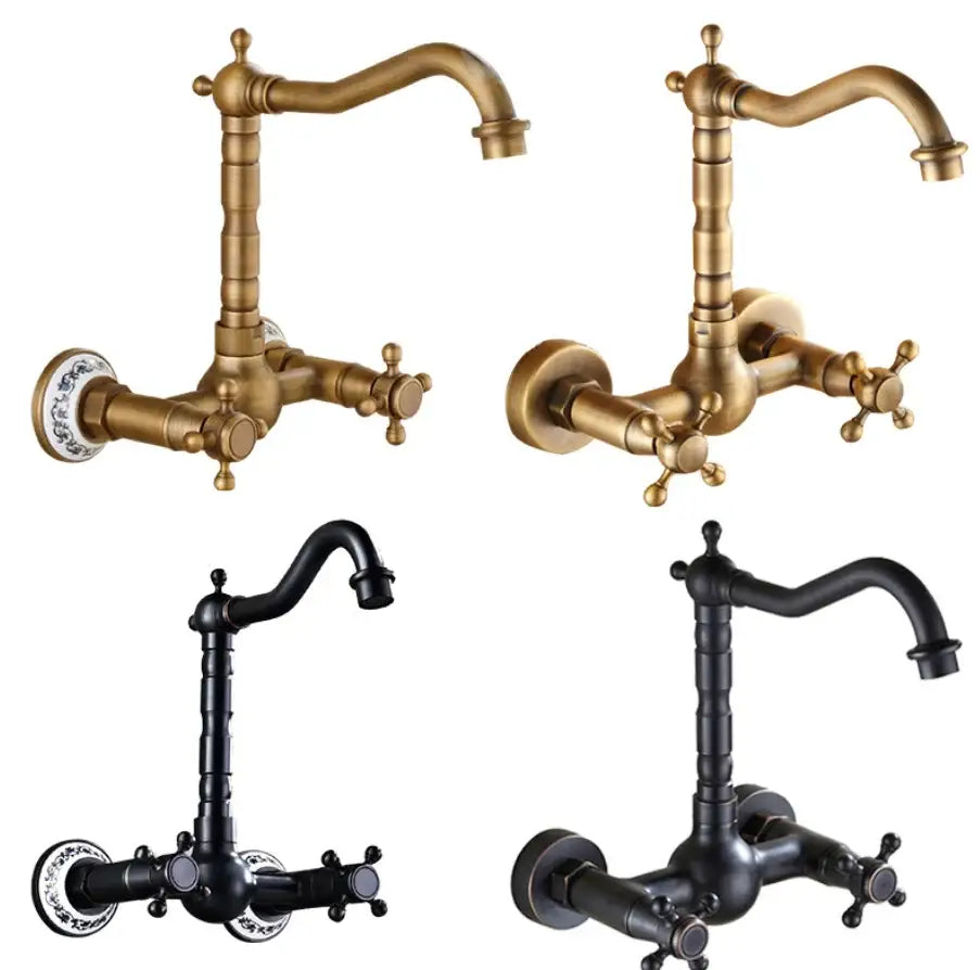 Antique brass dual handle kitchen faucet with matte black ornate spouts and decorative porcelain hot water plates