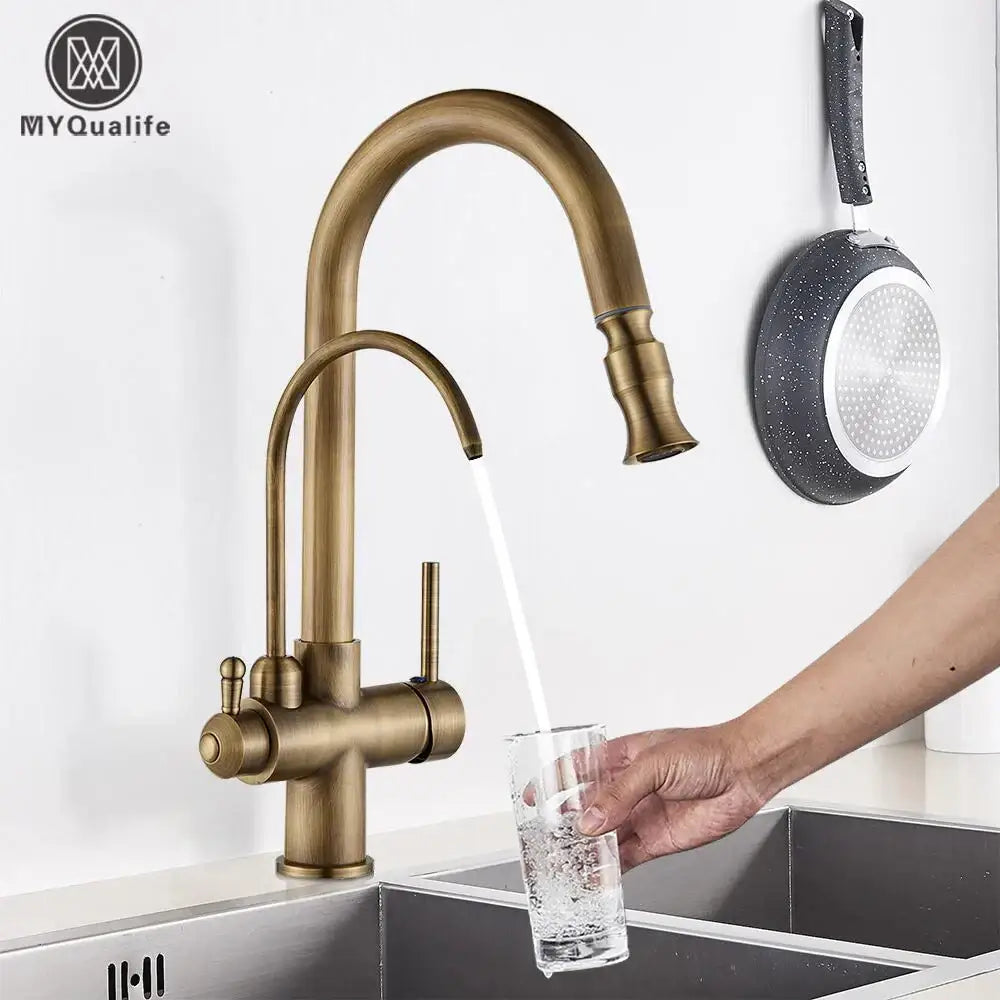 Antique brass decorbites dual handle kitchen faucet with curved spout and pull out spray head