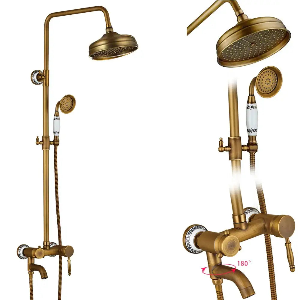 Antique brass dual handle shower faucet set with brass finish ceramic knobs handheld spray head and shelf bathroom use