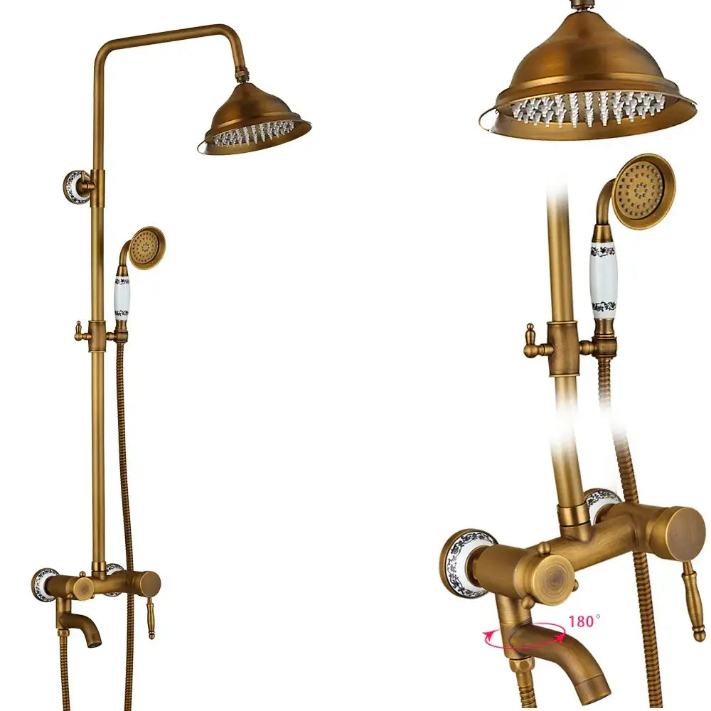 Brass-finished antique dual handle shower faucet set with ceramic handles and shelf for vintage bathroom decor