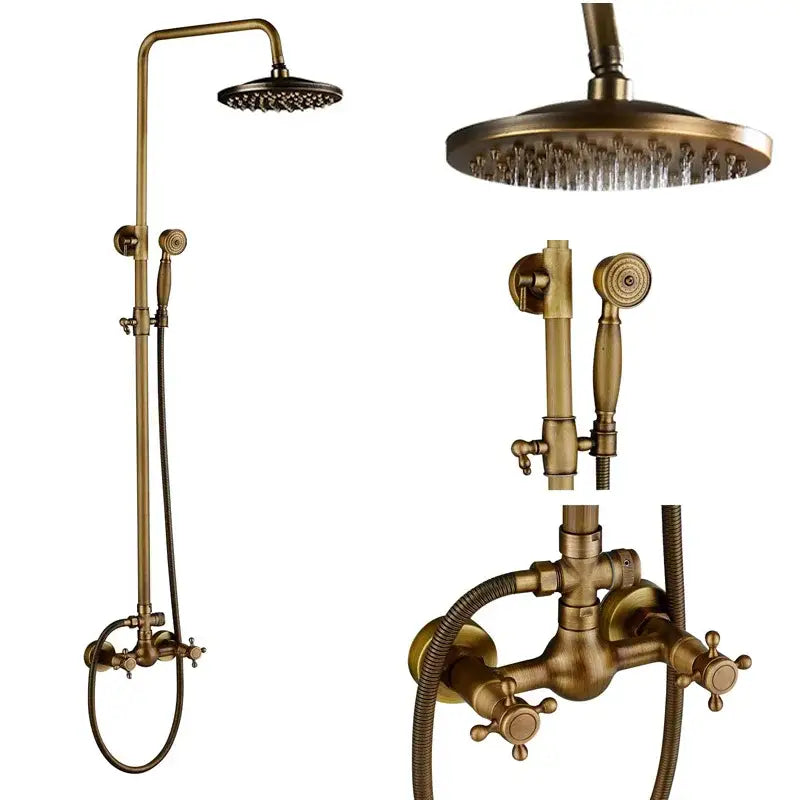 Antique brass dual handle shower faucet set with tall rainhead handheld spray and wall-mounted mixer valve