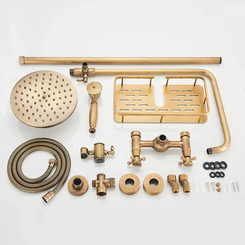 Antique brass dual handle shower faucet set with round rainhead handheld sprayer and matching shelf bathroom accessory