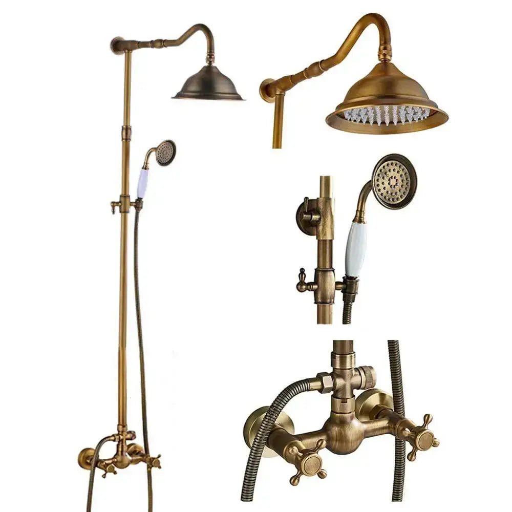 Antique brass dual handle shower faucet set with wall-mounted rainhead handheld shower faucet and matching faucet set