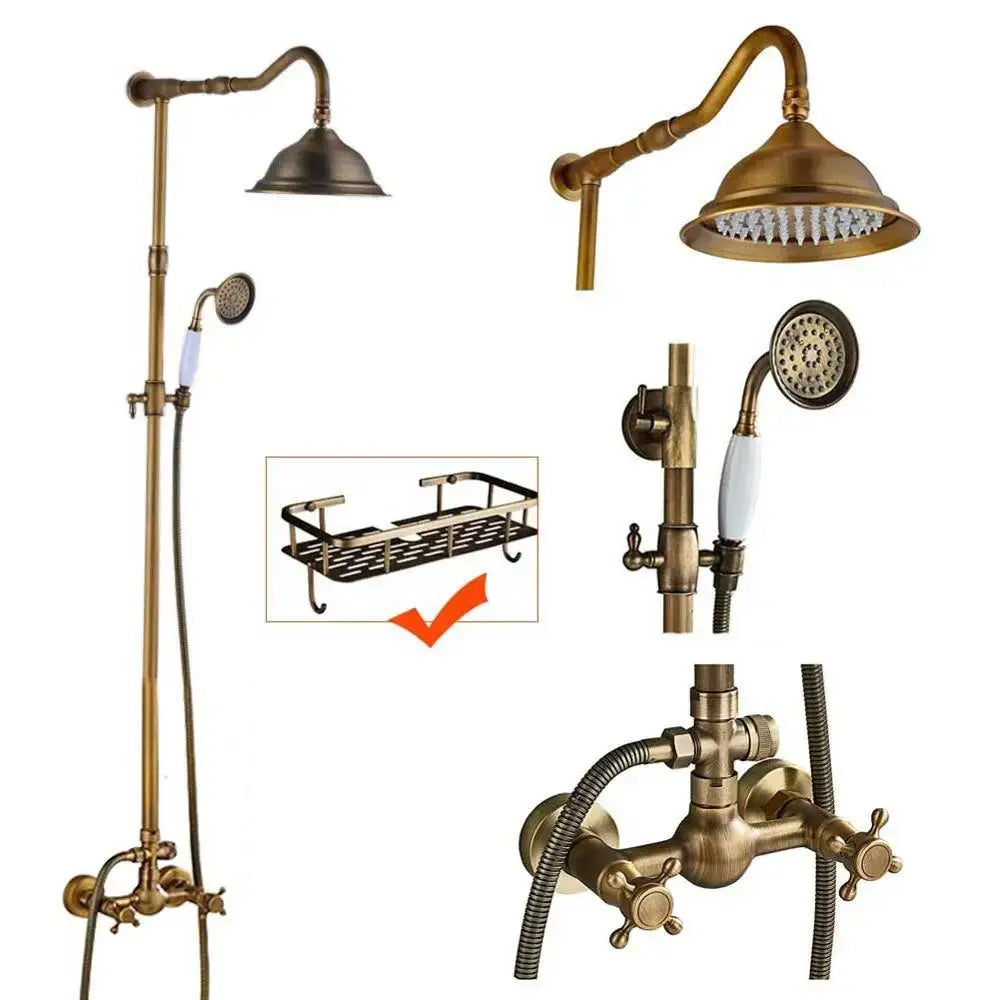 Antique brass dual handle shower faucet set with shelf featuring vintage-style rainhead and handheld ceramic shower faucet set