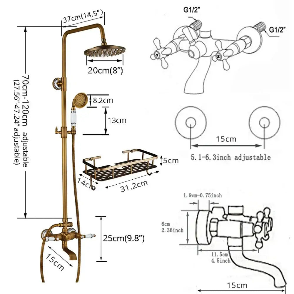 Antique brass dual handle shower faucet set with adjustable height and shelf in a brass-finished vintage style shower faucet set