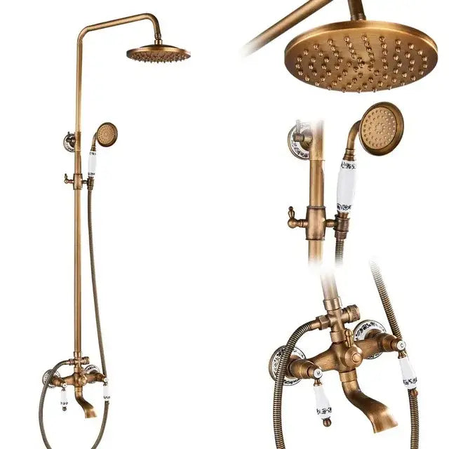 Antique brass dual handle shower faucet set with round rainhead handheld spray ceramic knobs and decorative spout