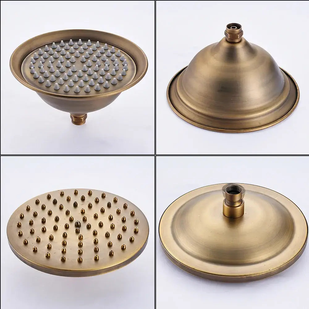 Antique brass dual handle shower faucet set with shelf featuring a brass finished showerhead with multiple spray settings