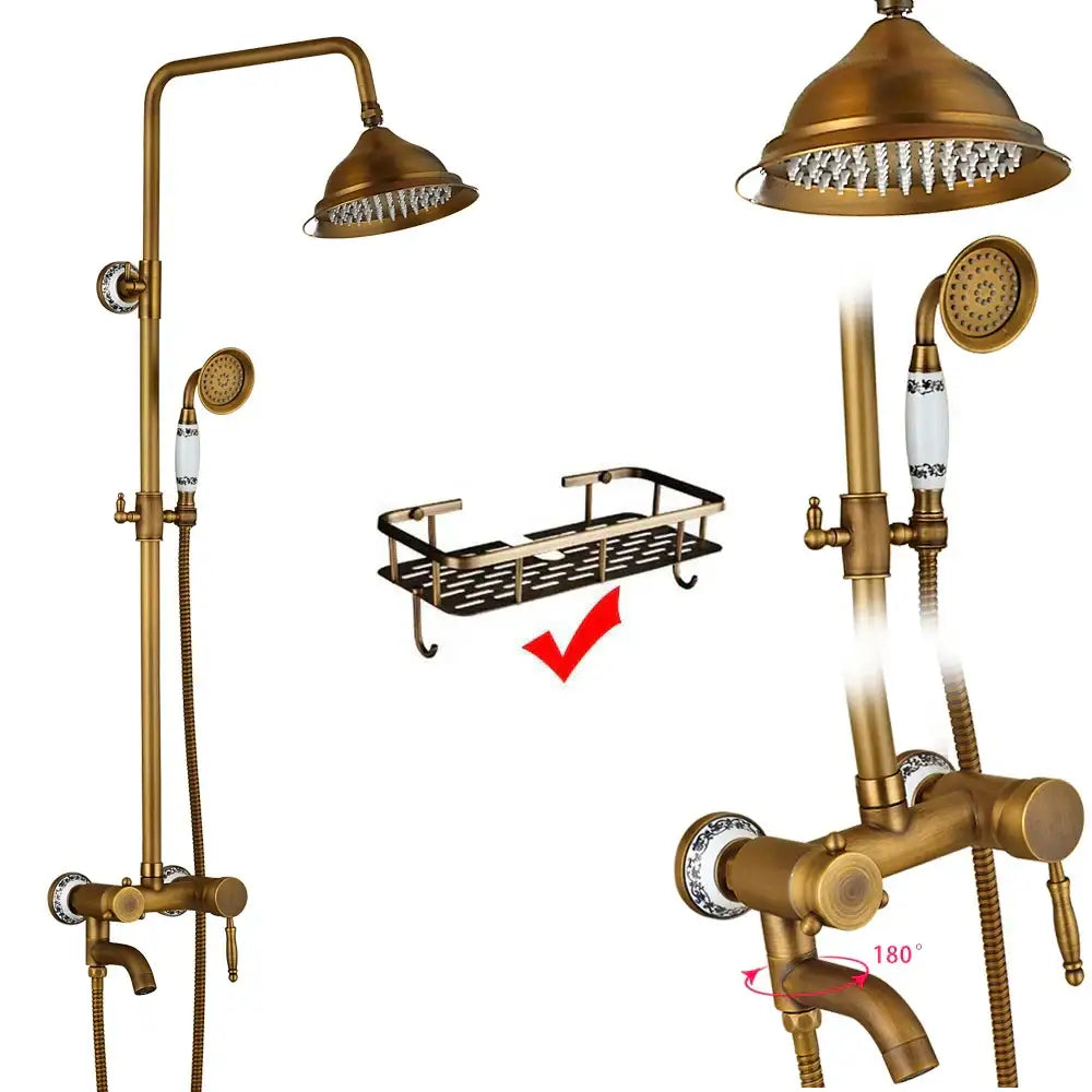 Antique brass dual handle shower faucet set with shelf features brass-finished rainhead handheld shower faucet set