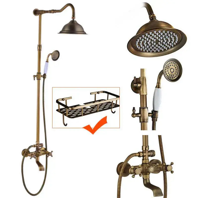 Antique brass dual handle shower faucet set with tall adjustable rainhead handheld sprayer and wall-mounted faucet assembly