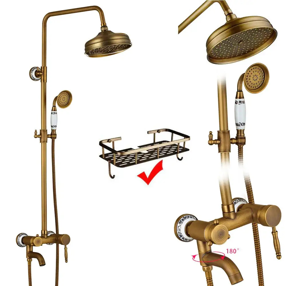 Antique brass dual handle shower faucet set with shelf featuring tall overhead rainhead and ceramic knobs in brass finish