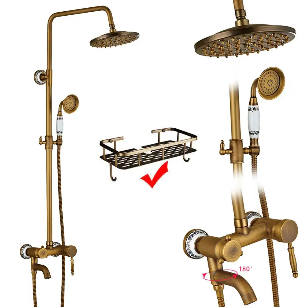 Antique brass shower faucet set with dual handles, fixed rainhead, handheld showerhead, ceramic knobs, and shelf