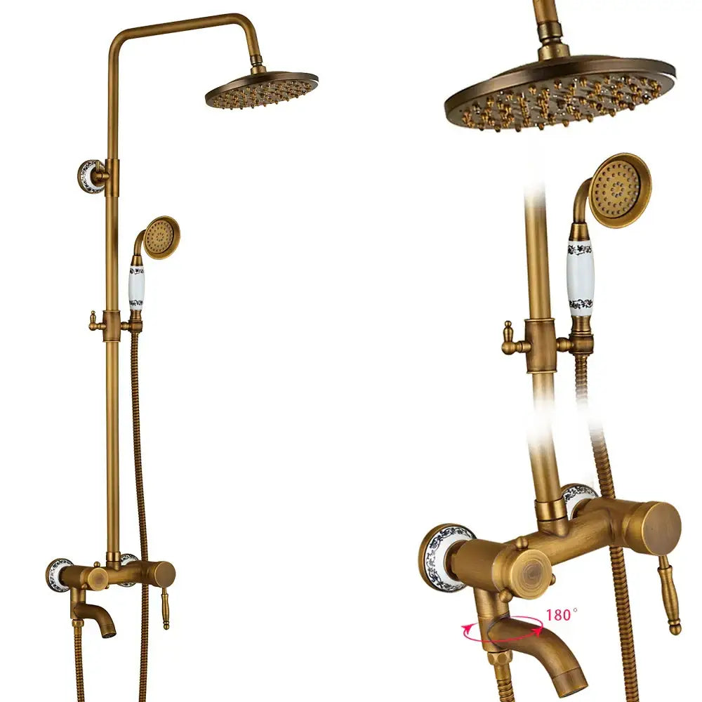 Brass-finished vintage-style shower faucet set with ceramic knobs handheld showerhead and shelf for bathroom use