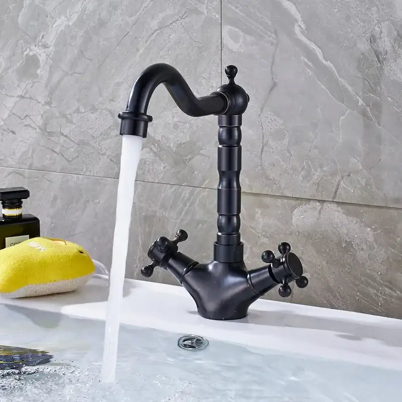 Black matte brass antique dual handle swivel sink faucet by decorbites with ornate vintage design for kitchen use