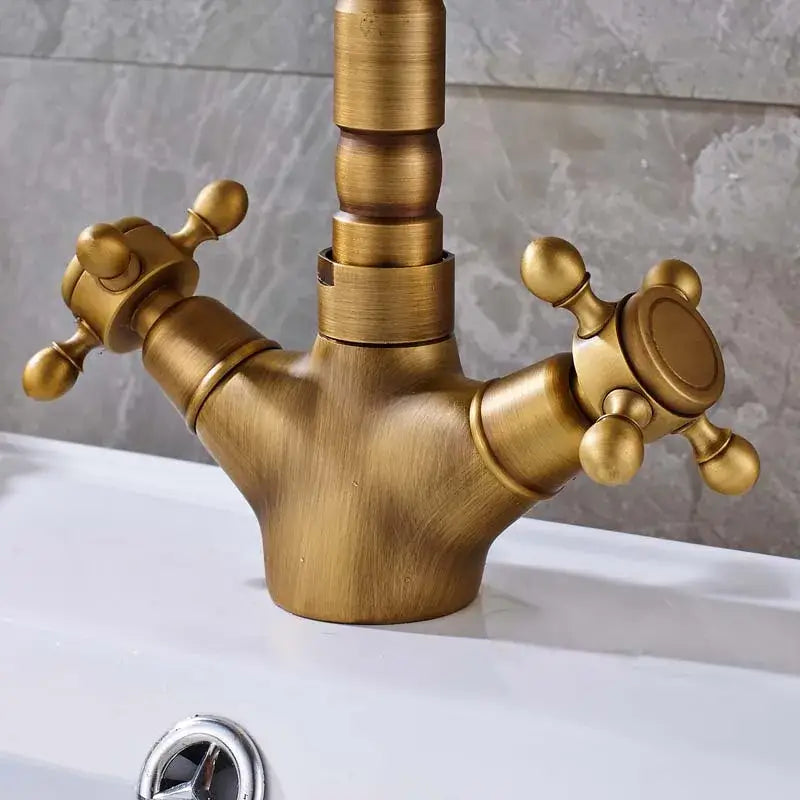 Antique brass dual handle swivel sink faucet with vintage ornate cross handles and brushed finish for kitchen decorbites dual handle