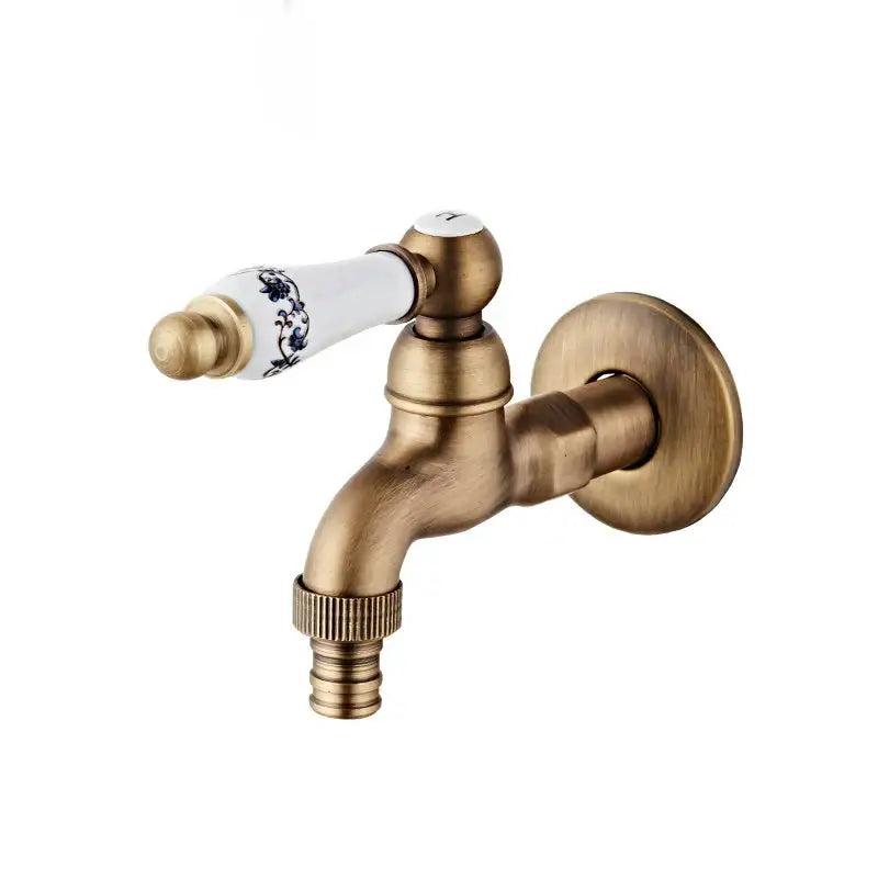 Antique brass floral ceramic wall mounted basin faucet with white ceramic handle and blue floral patterns for bathroom