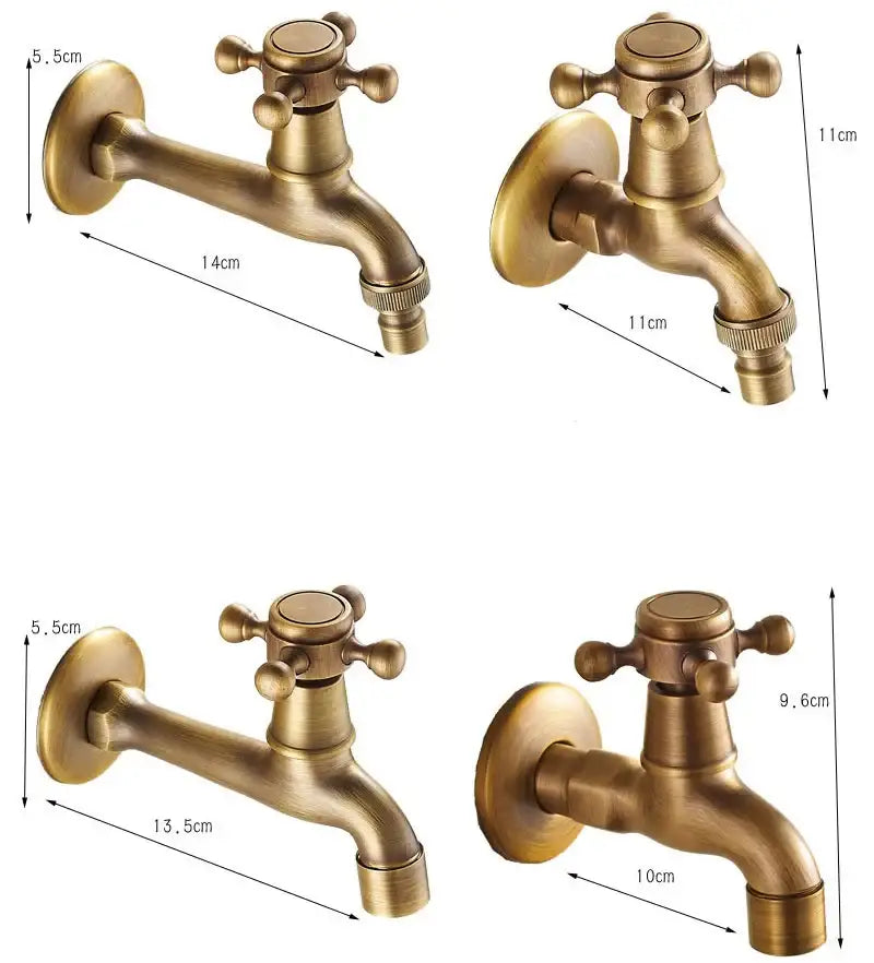 Antique brass floral ceramic wall mounted basin faucet with cross-handle design and threaded spout for bathroom use