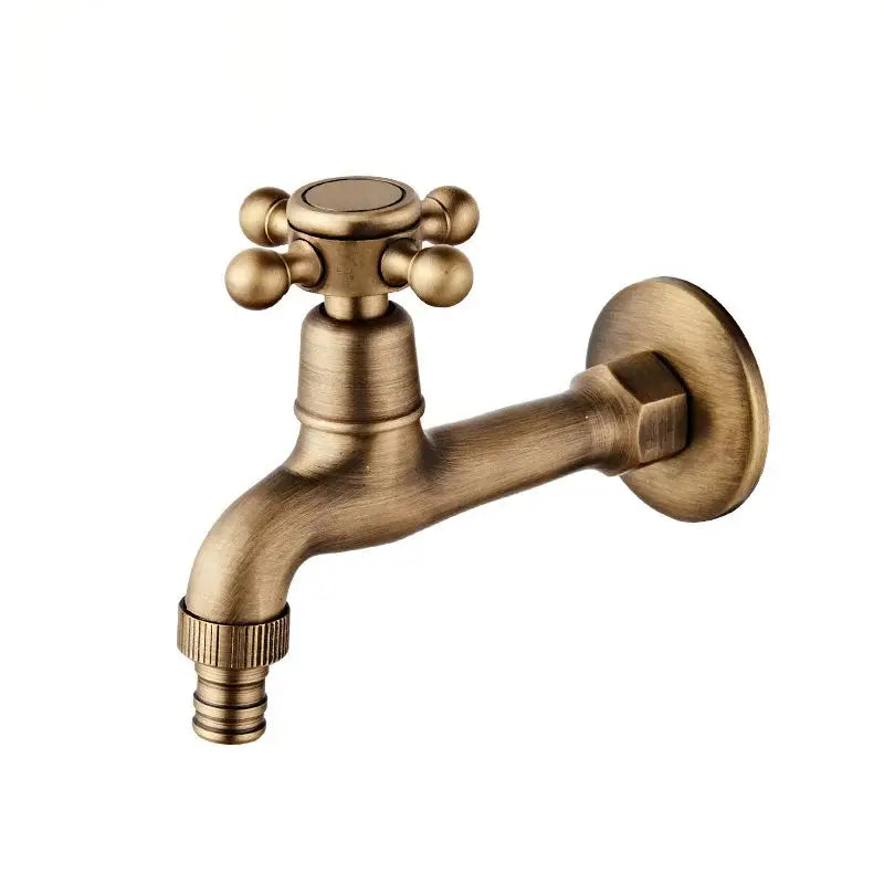 Antique brass-finished wall-mounted garden faucet with cross-shaped handle and rounded knobs for outdoor use