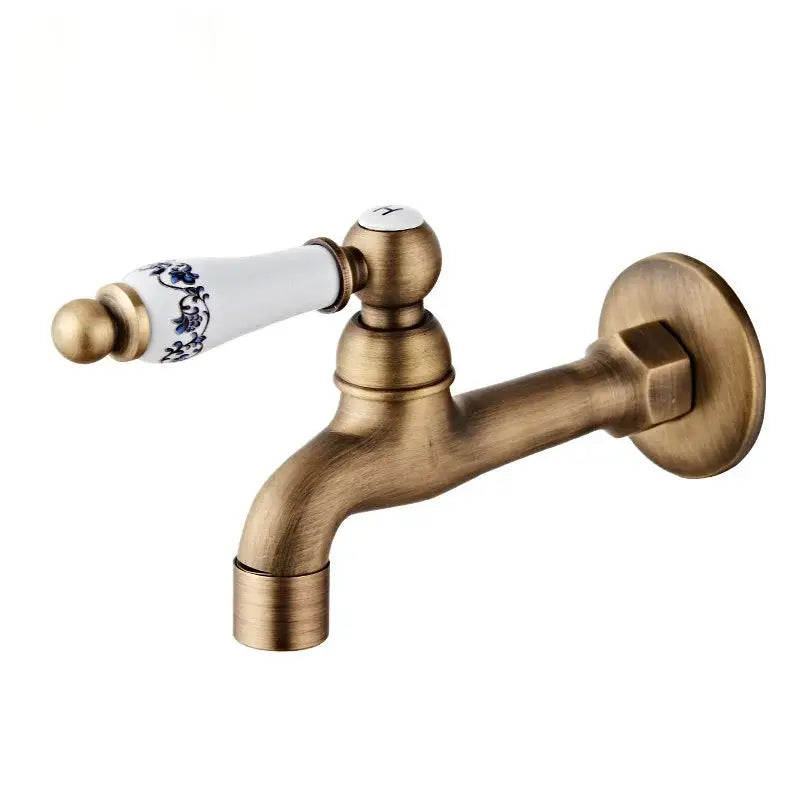 Antique brass floral ceramic wall mounted basin faucet with white ceramic handle and blue floral patterns