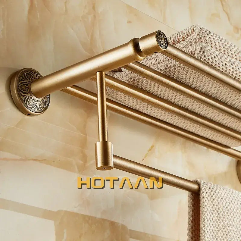 Antique brass floral double towel rack with ornately engraved brass finish for bath towel storage by decorbites brass bath