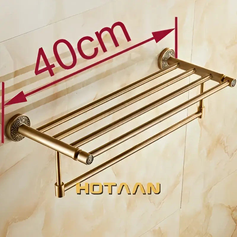 Antique brass floral double towel rack with four tiers and ornate circular end caps for bath towel storage decorbites brass bath