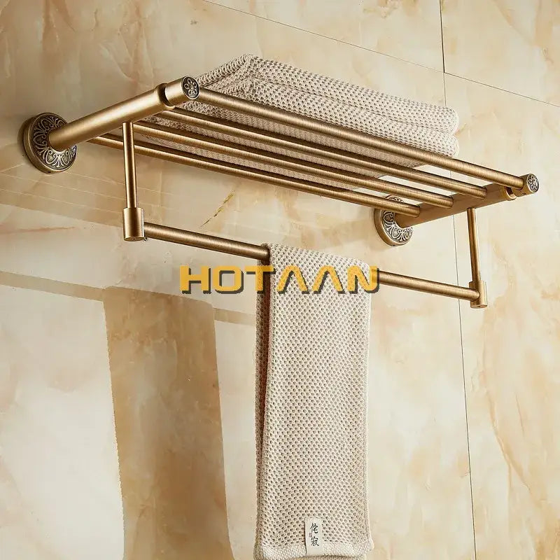 Antique brass floral double towel rack with ornate circular wall mounts and multiple bars for bath towel decorbites brass bath