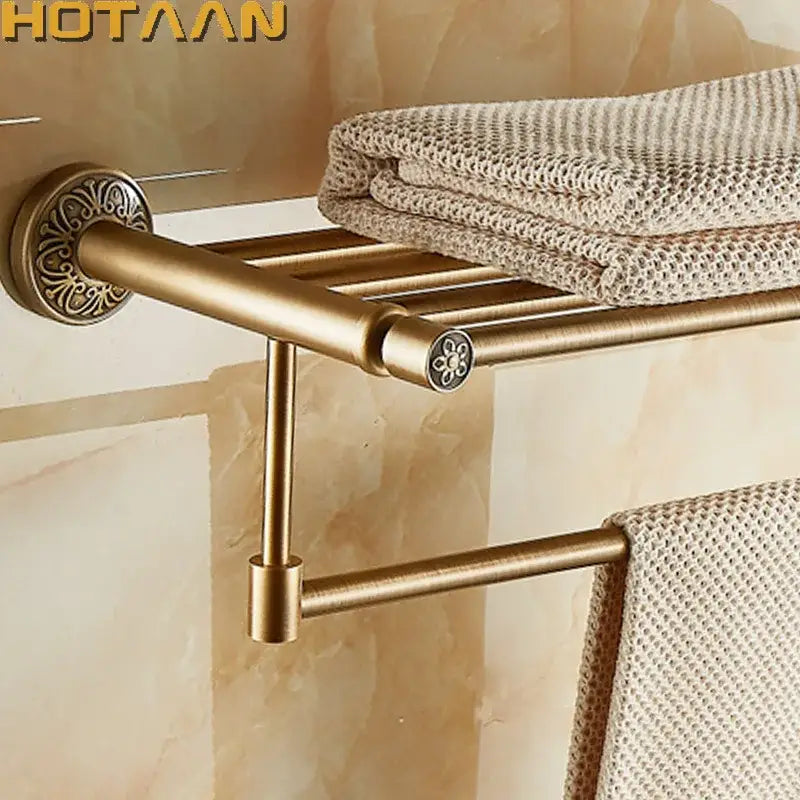 Antique brass floral double towel rack with ornate detailing for bath towel storage by decorbites brass bath