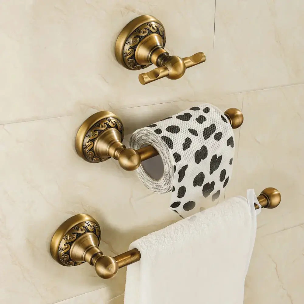 Antique brass floral engraved double towel rack hardware set with three ornate functional pieces by decorbites bathroom hardware