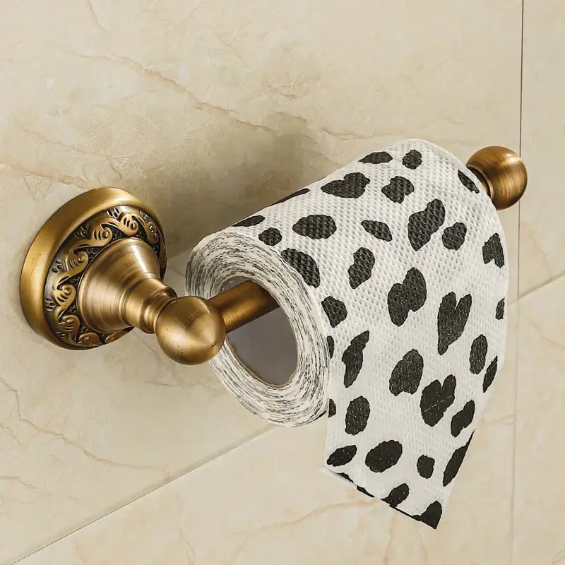 Antique brass floral engraved double towel rack bathroom hardware set with ornate toilet paper holder and white roll decorbites bathroom hardware