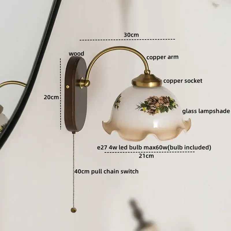 Antique brass floral frosted glass led wall lights with copper arm and ornate glass lampshade for bedroom sconce