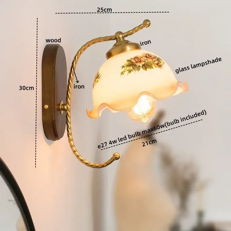 Antique brass floral frosted glass led wall lights featuring cream glass lampshade with delicate patterns for bedroom sconce