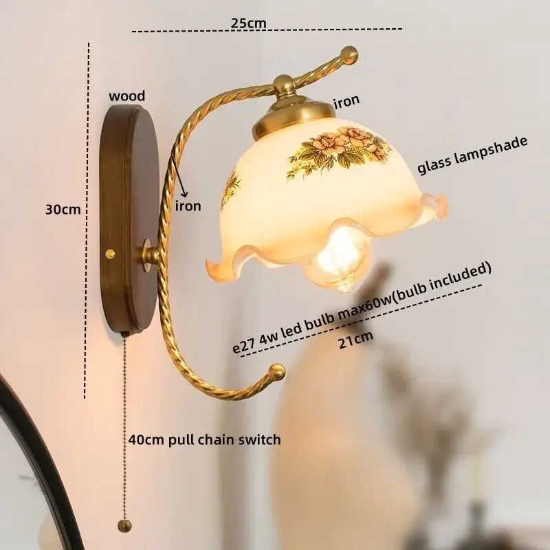 Antique brass floral frosted glass led wall light with cream glass lampshade for bedroom sconce lighting