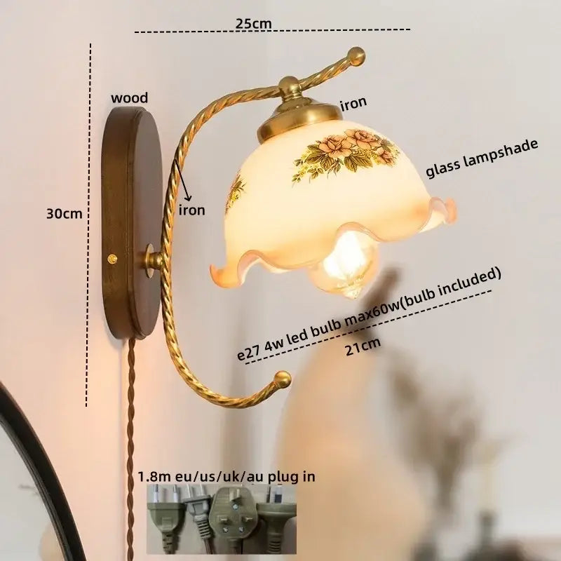 Antique brass floral frosted glass led wall lights with brass iron arm and wood backplate for bedroom sconce lighting