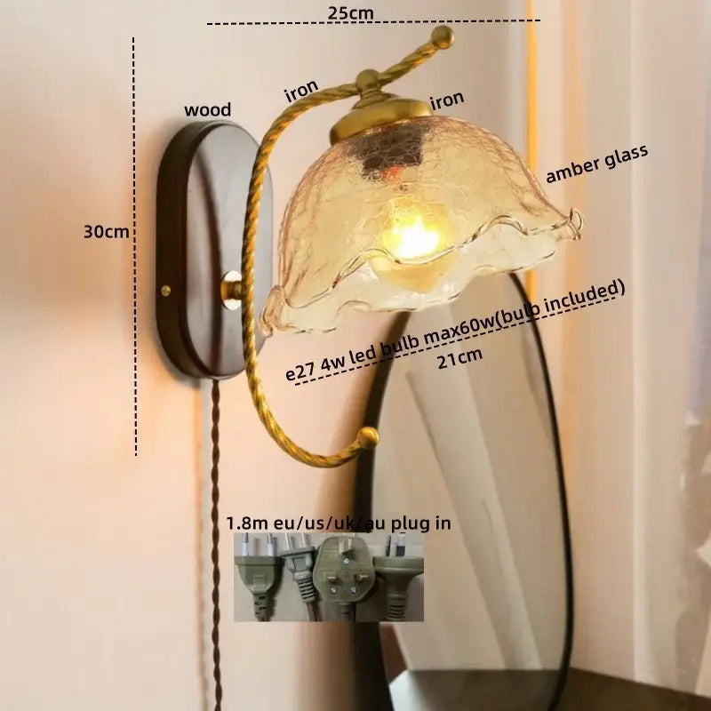 Antique brass floral frosted glass led wall light with textured amber glass shade for bedroom sconce lighting