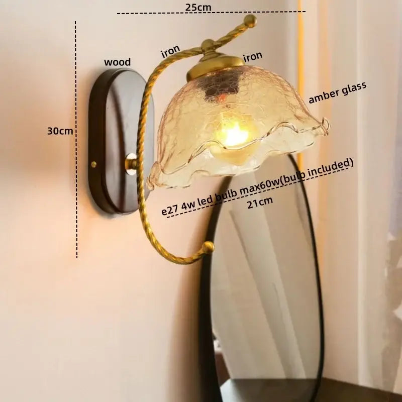 Antique brass floral iron led wall lights with textured amber glass shade for bedroom sconce lighting
