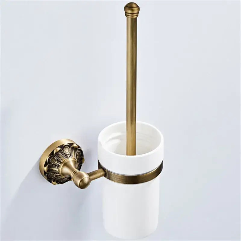 Antique brass floral hardware set bathroom double tier towel rack with brass bathroom hardware toilet brush holder and ceramic cup