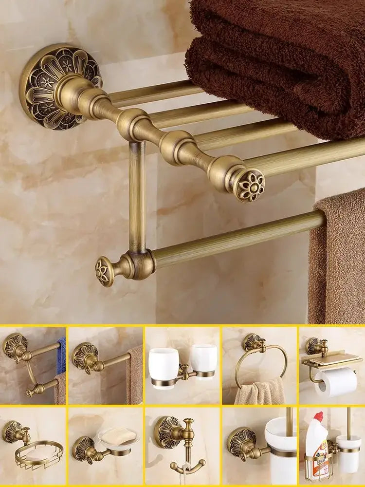 Antique brass floral hardware set bathroom double tier towel rack with ornate detailing for decorbites brass bathroom use