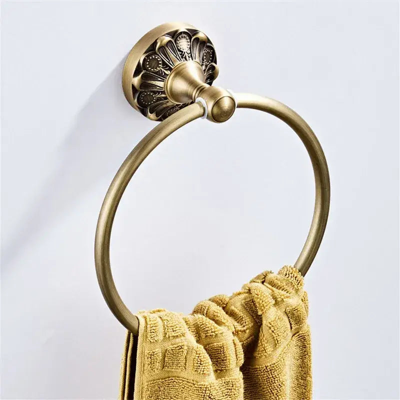Antique brass floral hardware set bathroom double tier towel rack with brass bathroom hardware towel ring and yellow towel