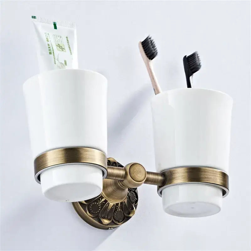 Antique brass floral hardware set bathroom double tier towel rack with wall-mounted brass bathroom hardware and ceramic cups