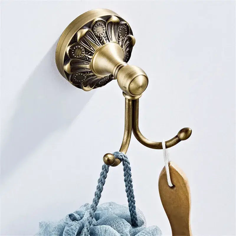 Antique brass floral double hook with ornate matte finish from decorbites brass bathroom hardware set for towels