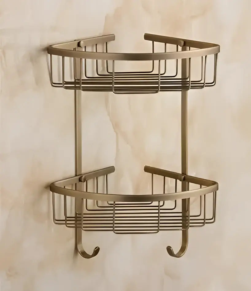 Brass double-tier corner shower caddy with hooks from decorbites brass bathroom hardware set for organized storage