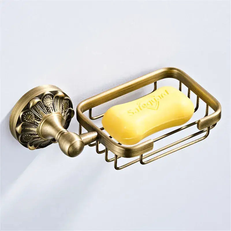 Antique brass floral hardware set bathroom double tier towel rack featuring a brass bathroom hardware soap dish with wire mesh basket