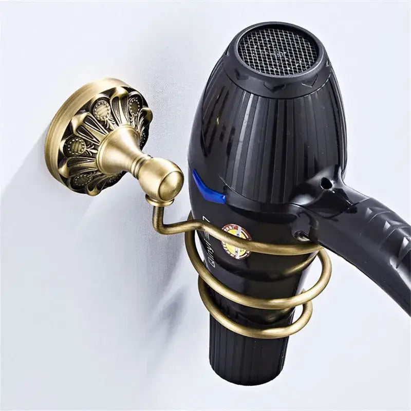 Black hair dryer with gold ornate wall mount and wire rack in decorbites brass bathroom hardware set bathroom hardware set