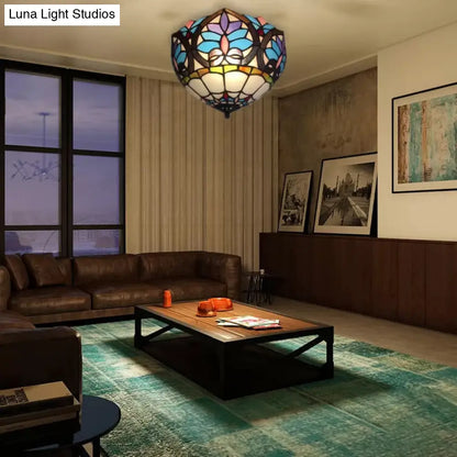 DecorBites™ Lámpara de techo DecorBites™ de latón antiguo con diseño floral y vitral - Lámpara de techo empotrada de estilo victoriano para sala de estar (2 luces)