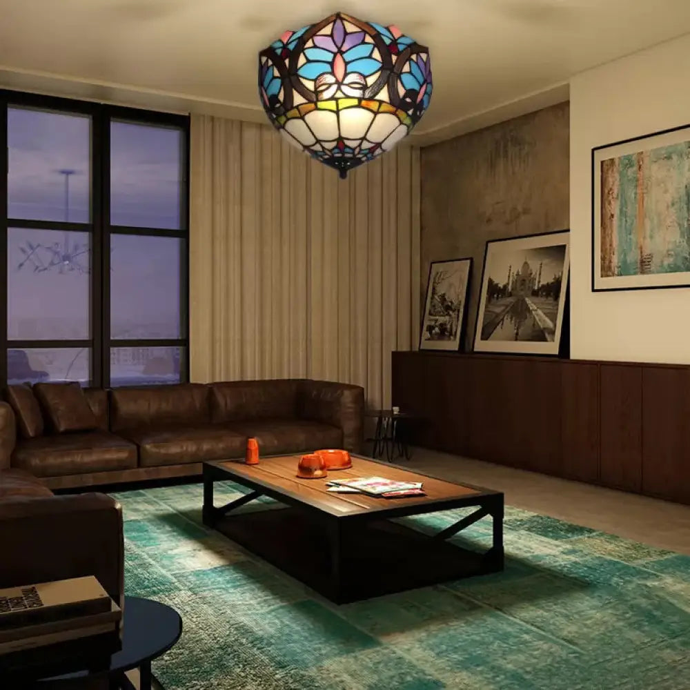 DecorBites™ Lámpara de techo DecorBites™ de latón antiguo con diseño floral y vitral - Lámpara de techo empotrada de estilo victoriano para sala de estar (2 luces)