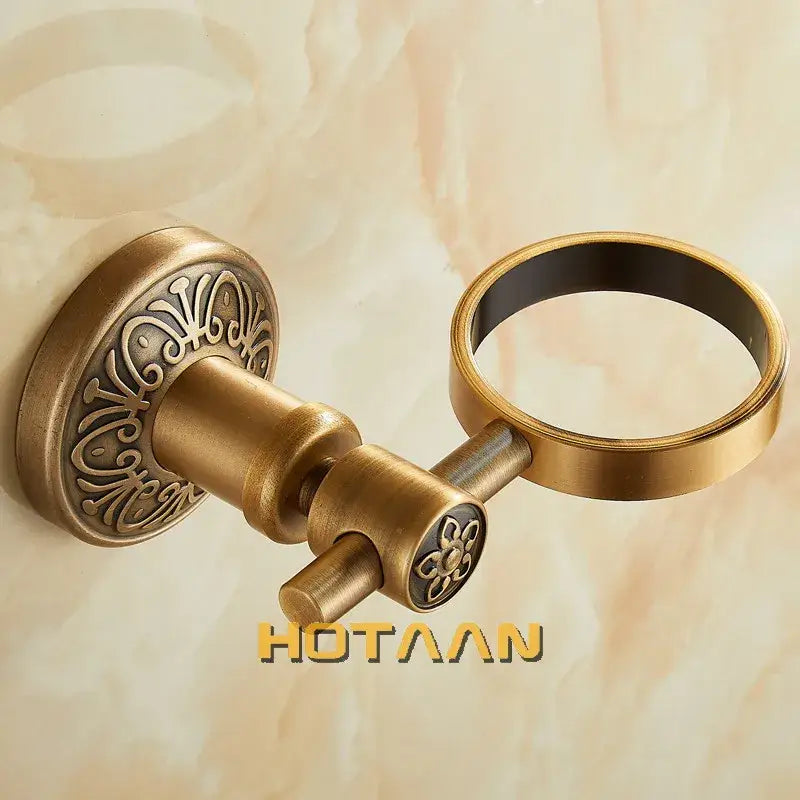 Antique brass floral towel ring with ornate engraving and circular loop for soap dispenser holder bathroom accessory