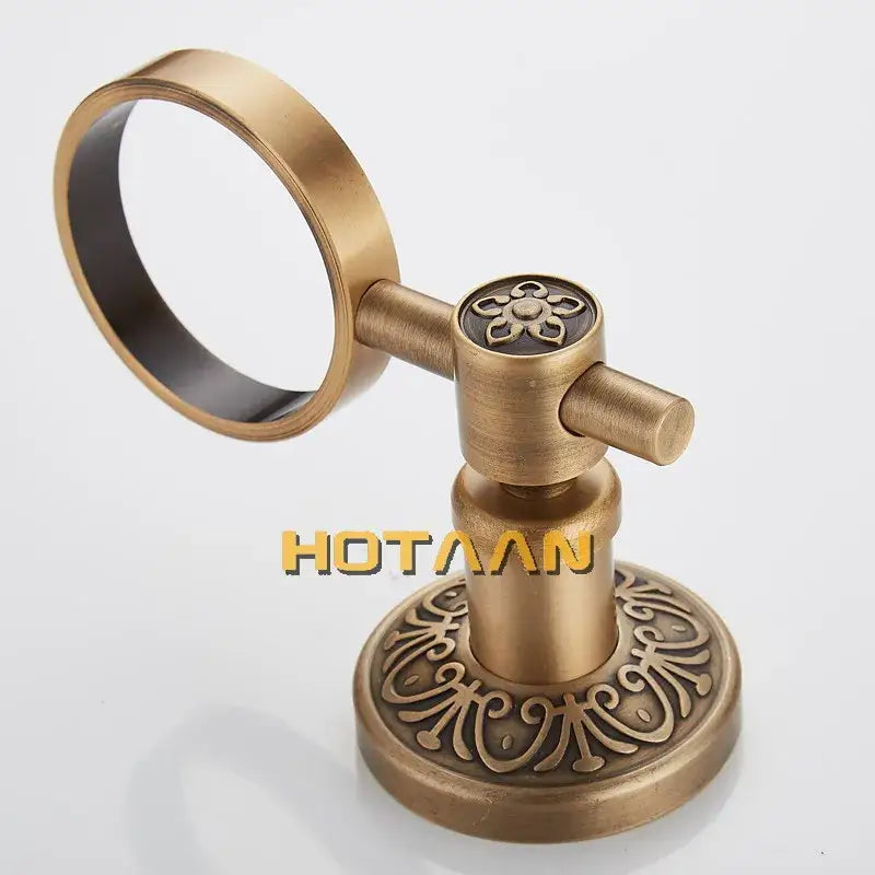 Antique brass floral towel ring soap dispenser holder with ornate engraving and decorative flower motif for bathroom use