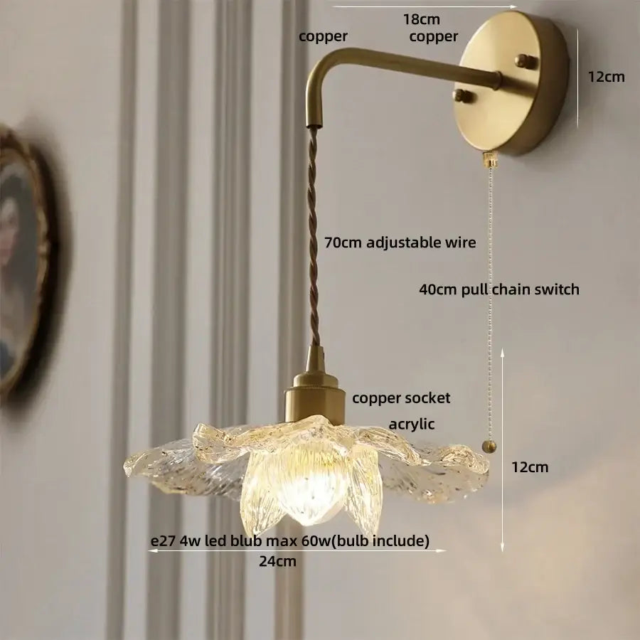 Antique brass flower glass led wall light with translucent pendant and brass-finished copper mounting for bedroom sconce
